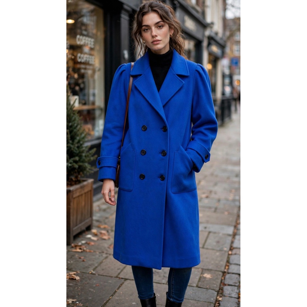 Vintage Jill Jr Royal Blue Wool Coat Puff Shoulder Double Breasted Made in USA